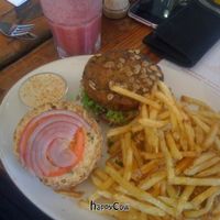 Vegan Cheese Burger, and Berry Delicious smoothie. at Fresh Earth Food Store in Johannesburg