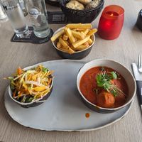 Vegan meatballs and a side of chips. at MISTRAL in Bree