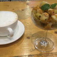 Spiced potatoes and oat latte  at Always Happy Food co. in Kathmandu
