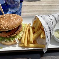 Vegan burger with fries   at Restaurant am Piburger See in Oetz