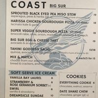 Menu at COAST in Big Sur