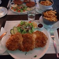 Vegan Schnitzel with salad and french fries at Munich in Lagos