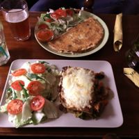 Vegetarian lasagna and quesadilla. at Macska in Budapest