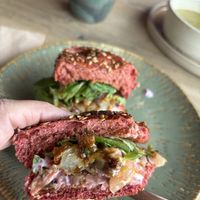 Katsu curry burger on beetroot bun  at Out-there Artisan in Jedburgh