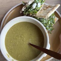 Pea-leek soup with feta, rocket and sundried tomato flatbread   at Out-there Artisan in Jedburgh