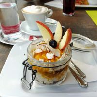 Desert with coconut rice, chocolate cake and mango at Kartausenkeller in Gaming