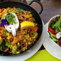 Vegan couscous with fresh vegetables, sweet potatoes, vegan chunks, lime dip and salads at Kartausenkeller in Gaming