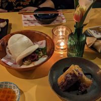Tomato nigiri, bao buns, summer rolls and samosas at Veganees in Amsterdam