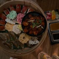 First course, with sushi, gyoza, and the cauliflower bites (and kroepoek + sauces). Forgot to photograph the mains, but those were aubergine with rice, bao buns & a papaya salad.  at Veganees in Amsterdam