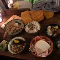 Jackfruit rendang, soup, bao bun, extra rice  at Veganees in Amsterdam