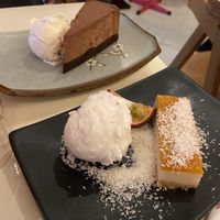 Chocolate pie with vanilla ice-cream (fantastic) and mango cheesecake with coconut ice-cream (nice). Both pies are by Holtkamp. at Veganees in Amsterdam
