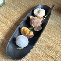 Mochi (passion fruit/ mango, chocolate, yuzu)  at Veganees in Amsterdam