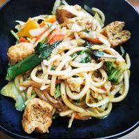 Basil udon noodles at Vegan Fusion in North London