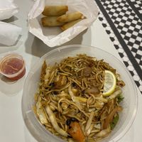 Noodles, vegan chicken in black bean sauce and spring rolls-take out at Vegan Fusion in North London