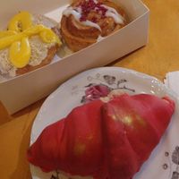 White chocolate & red fudgeice croissant, elderflower lemon curd doughnut and raspberry bun at ROUND - Helsinginkatu in Helsinki