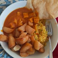 Chennai tofu curry, veg pilau, chips and popadom at Indian Brasserie in South Shields