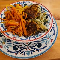 Veggie bowl with falafel, caramelised carrots, pesto pasta and mango ceviche at Vegan & Veggie in Medellin