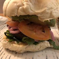 Burger with lentil patty   at Vegan & Veggie in Medellin