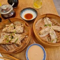 Vegan duck dumplings (left), sauerkraut/tempeh dumplings (right) & coconut peanut dip at Dim Sum Spot Palackého in Prague