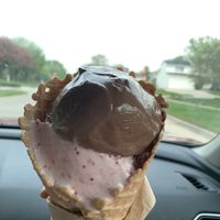 Chocolate and strawberry scoops in vegan/gluten free cone   at Home Sweet Cone in Waukee