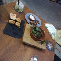 3 different tapas, pimientos de Padron, cauliflower with aioli and artichoke hearts at Bubar in Barcelona