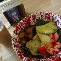 Pullman bowl : spinach, tofu, avocado, beans, tomato, potato, vegan cheese at Cushman Market and Cafe in Amherst