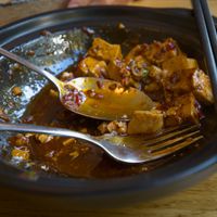 Mapo tofu with vegan minced meat almost done at The Butterfly Lovers in Berlin