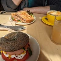 Vegan breakfast bagel and satay-day toastie at Laughing Dog in Brighton