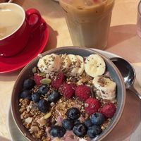 vegan granola and oat iced latte   at Laughing Dog in Brighton