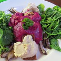 Ruby Moon (sweet potato beetroot mash with steamed greens, grilled tempeh, shitake mushrooms and cashew cheese) at Soma Cafe in Ubud