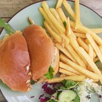 Vegan kipburger met friet at Blote Voeten Park - Blote Voeten Hut in Brunssum