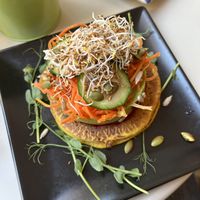 Savoury chickpea flour pancakes with guacamole and veggies   at REVIV in Malaga