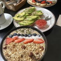 Nutty smoothie bowl, cream cheese toast, and sweet pancakes  at REVIV in Malaga
