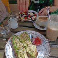 Avo and cream cheese on toast/sweet pancakes/large americano and peanut butter amoothie at REVIV in Malaga