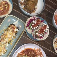 Vegan corn, aubergine tacos, avocado tacos, cauli katsu curry and patatas bravas   at Maya in Southsea