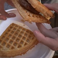 Vegan & gluten free waffle w sausage   at Hawthorne Asylum Food Truck Pod in Portland