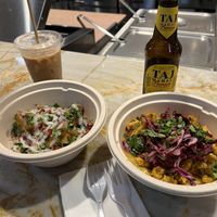 Samosa and lentil curry bowls with chai and beer at Dash & Chutney in Atlanta