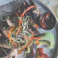 Truffle mushroom toast with added avocado and tasty chilli jam (available to buy at the bakery next door if you want some to take home).  at Stir - Chesterton in Cambridge