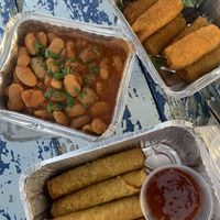 giant beans, aubergine rolls & spring rolls at Hippocrates in Kos