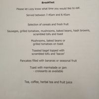 The breakfast menu at Our Lizzy Cookery Courses in Malvern
