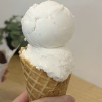 2 vegan flavors in vegan waffle cone: banana pudding and lemon meringue  at Innocent Ice Cream Parlour in Vancouver