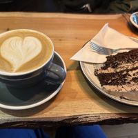 Oat milk latte with smores syrup and vegan chocolate cake   at Olive in Thurso