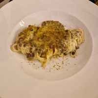 Umbrichelli vegan, pecorino vegan e ceci neri at Vis à Vis cucina&eventi in Orvieto