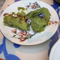 Crespelle con crema di piselli e zucchine spadellate   at Amaranto Bistrot in Finale Ligure