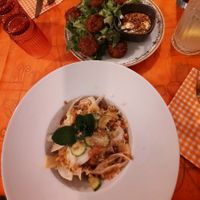 Fennel salad with apple splices, olives, zucchini, raisins, bread crumbs (=bottom)

Falafel with yoghurt and Ligurian herbs (=top) at Amaranto Bistrot in Finale Ligure