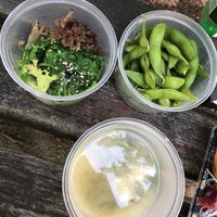 Wakame salad and edamame (good, but 4€ each is a bit much, edamame not rlly salty), free miso to lunch menu at VietPho Cuisine in Frankfurt