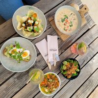 Tom Kha (Soup), Parpadam with beetroot, wasabi sauce and pumpkin, indonesian veggies (hot, in yellow curry sauce), green veggies (cold), - all vegan 
+ avocado toast (vegetarian) at Noosa in Zandvoort