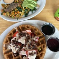 Farmers market scramble with vegan eggs and gluten-free waffle.  at Nectarine Grove in Encinitas