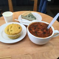 Tofu cheesecake, cornbread, and bean chili
 at Wildflour Vegan Bakery and Juice Bar in Pawtucket