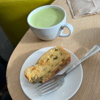 Oat matcha latte and jalapeño cornbread   at Wildflour Vegan Bakery and Juice Bar in Pawtucket